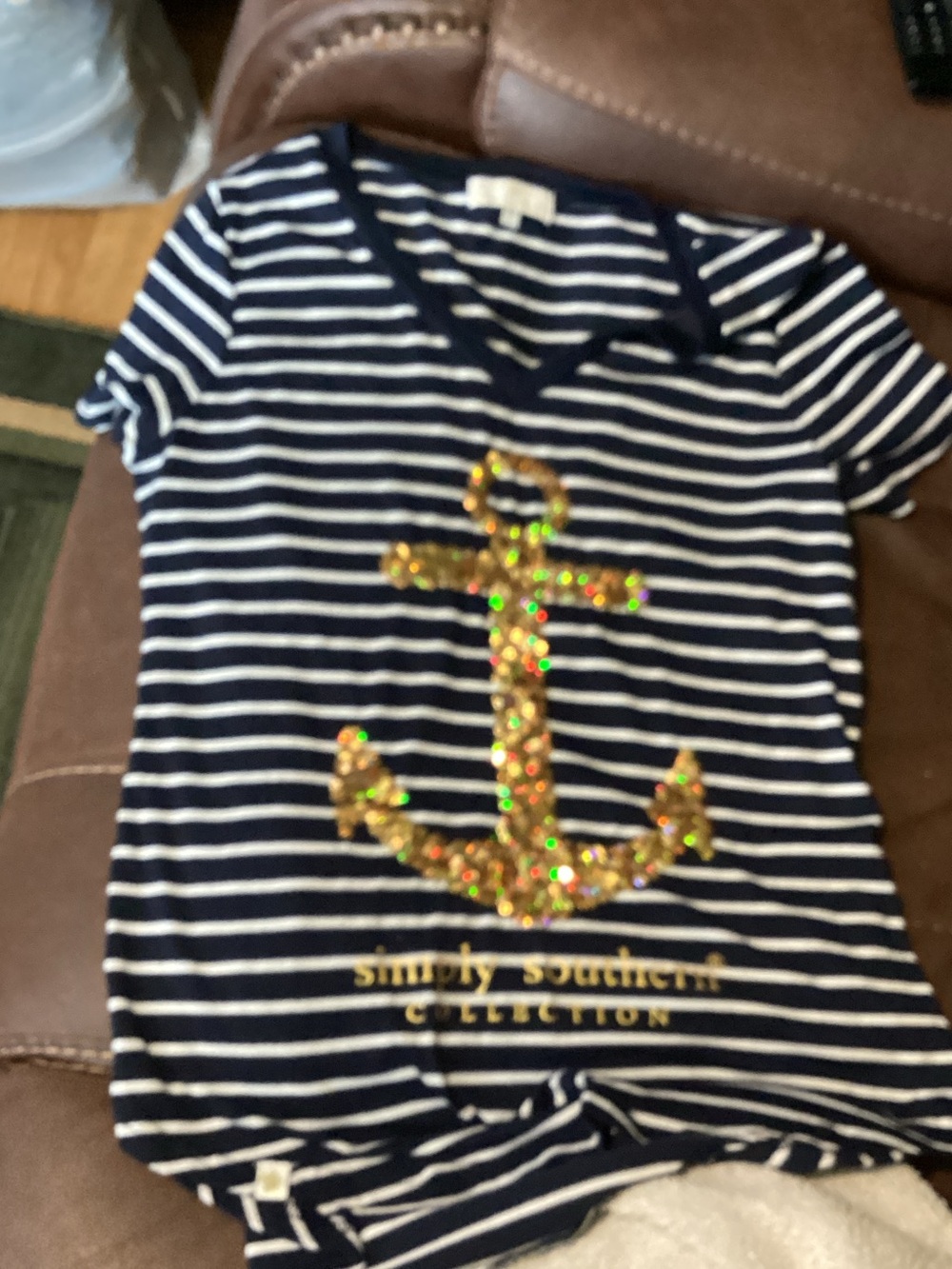 Simply Southern Navy and White Striped Tee with Gold Sequin Anchor